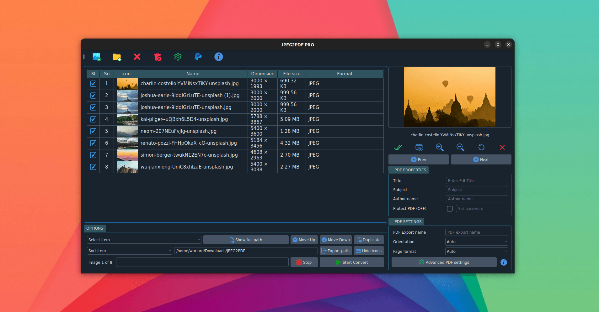 JPEG2PDF PRO running on Linux